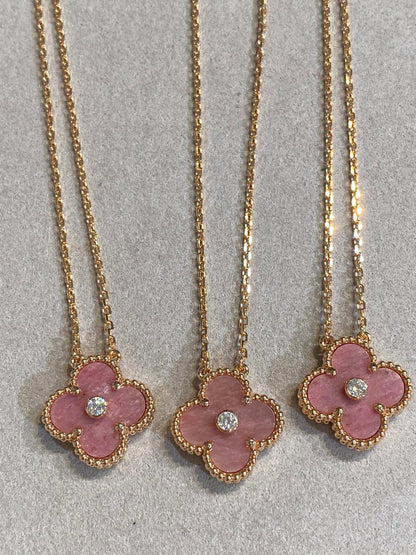 [moco jewelrys]CLOVER 15MM DIAMOND RHODONITE NECKLACE