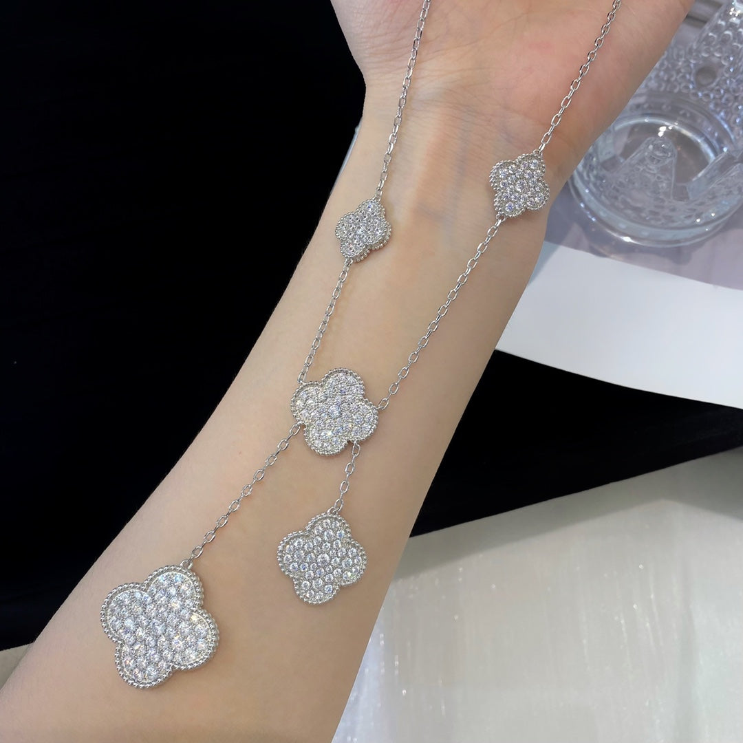 [moco jewelrys]CLOVER 5 MOTIFS SILVER DIAMONDS NECKLACE