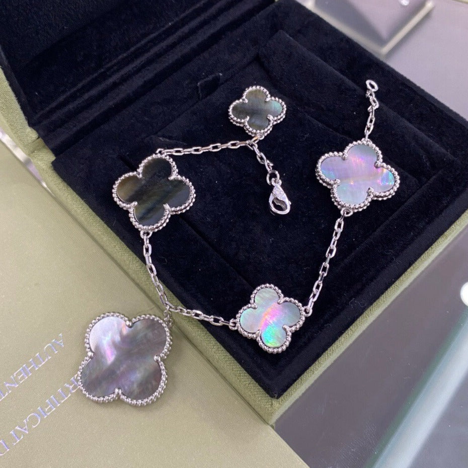 [moco jewelrys]CLOVER 5 MOTIFS SIVLER DARK MOP BRACELET
