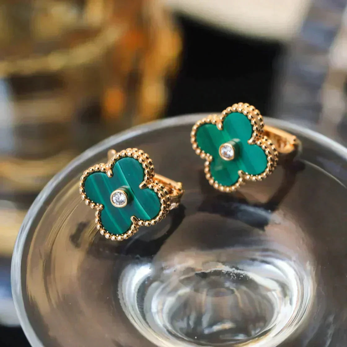 [moco jewelrys]CLOVER MEDIUM 1 MOTIFS MALACHITE DIAMOND EARRINGS