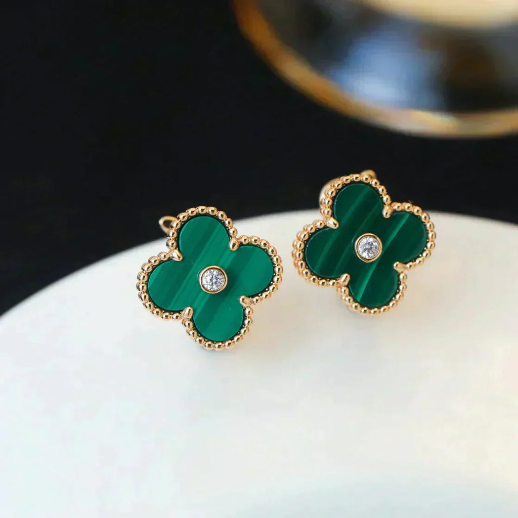 ??Loco?¡¥CLOVER MEDIUM 1 MOTIFS MALACHITE DIAMOND EARRINGS