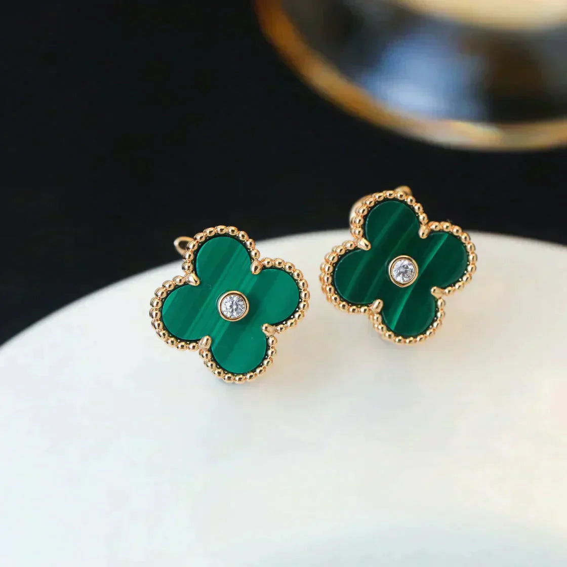 ??Loco?¡¥CLOVER MEDIUM 1 MOTIFS MALACHITE DIAMOND EARRINGS