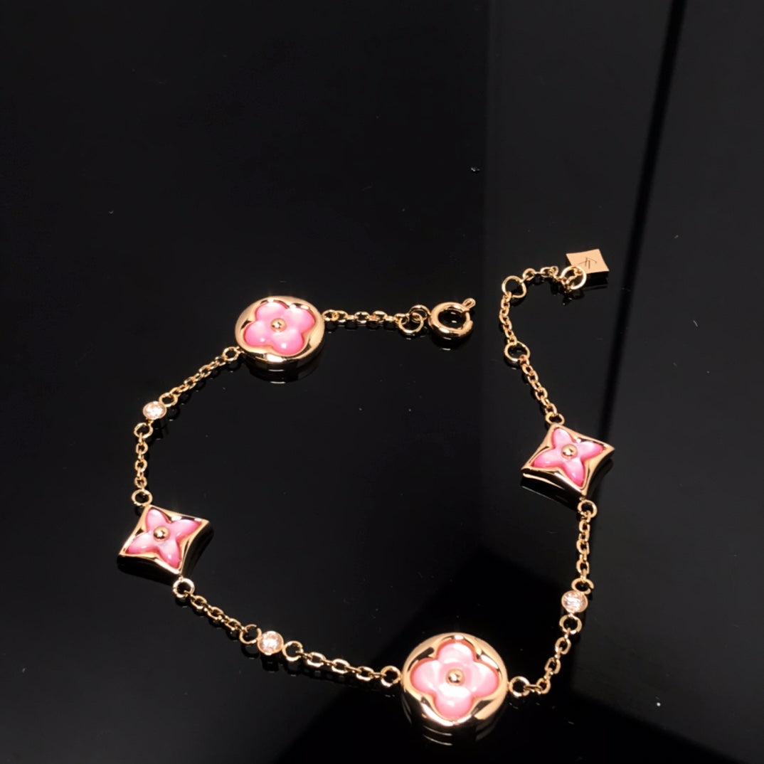 [moco jewelrys]STAR AND SUN 4 MOTIF PINK MOP PINK GOLD BRACELET