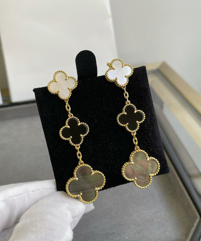 [moco jewelrys]CLOVER 3 MOTIF MOP ONYX DARK MOP PINK GOLD EARRINGS