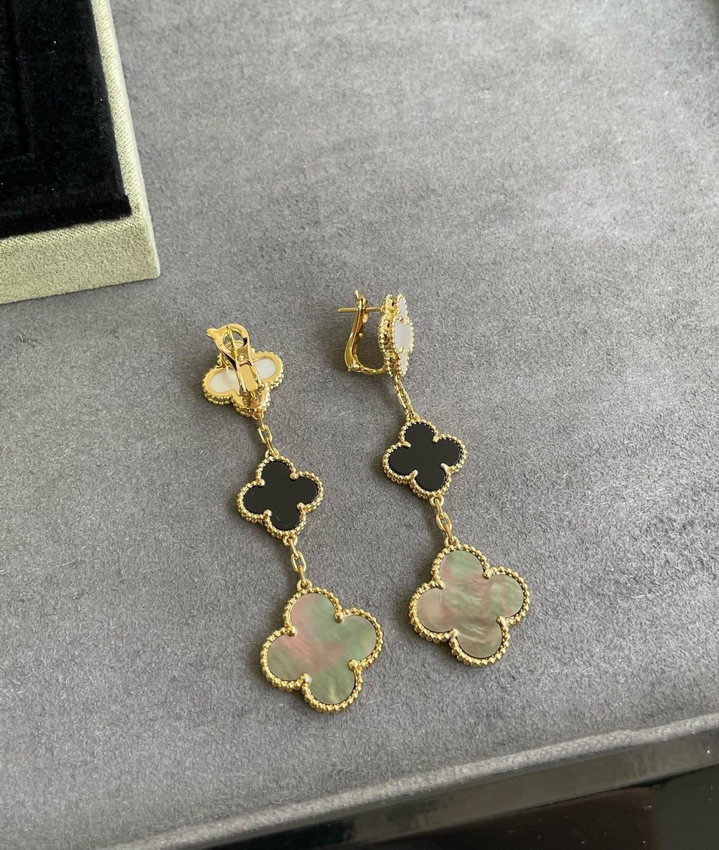 ??Loco?¡¥CLOVER 3 MOTIF MOP ONYX DARK MOP PINK GOLD EARRINGS