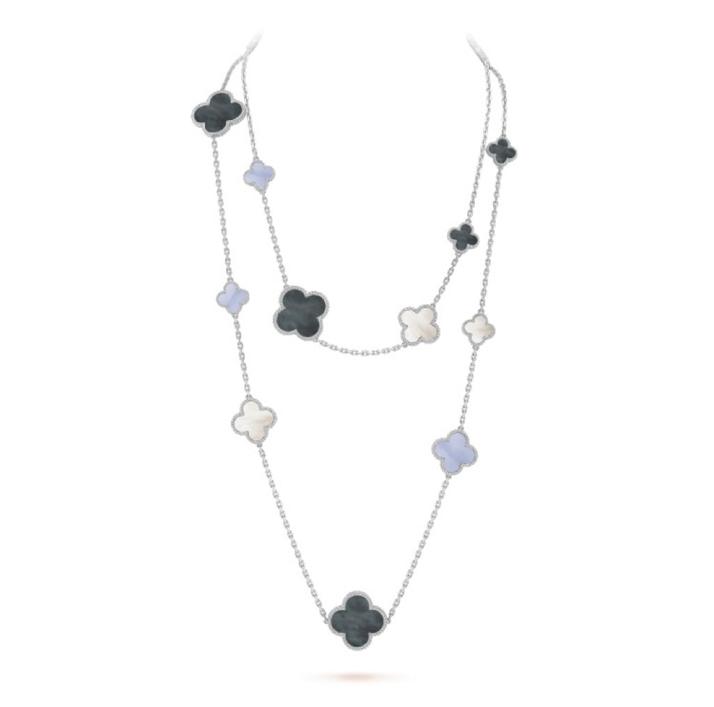 ??Loco?¡¥CLOVER 16 MOTIF CHALCEDONY MOP SILVER NECKLACE