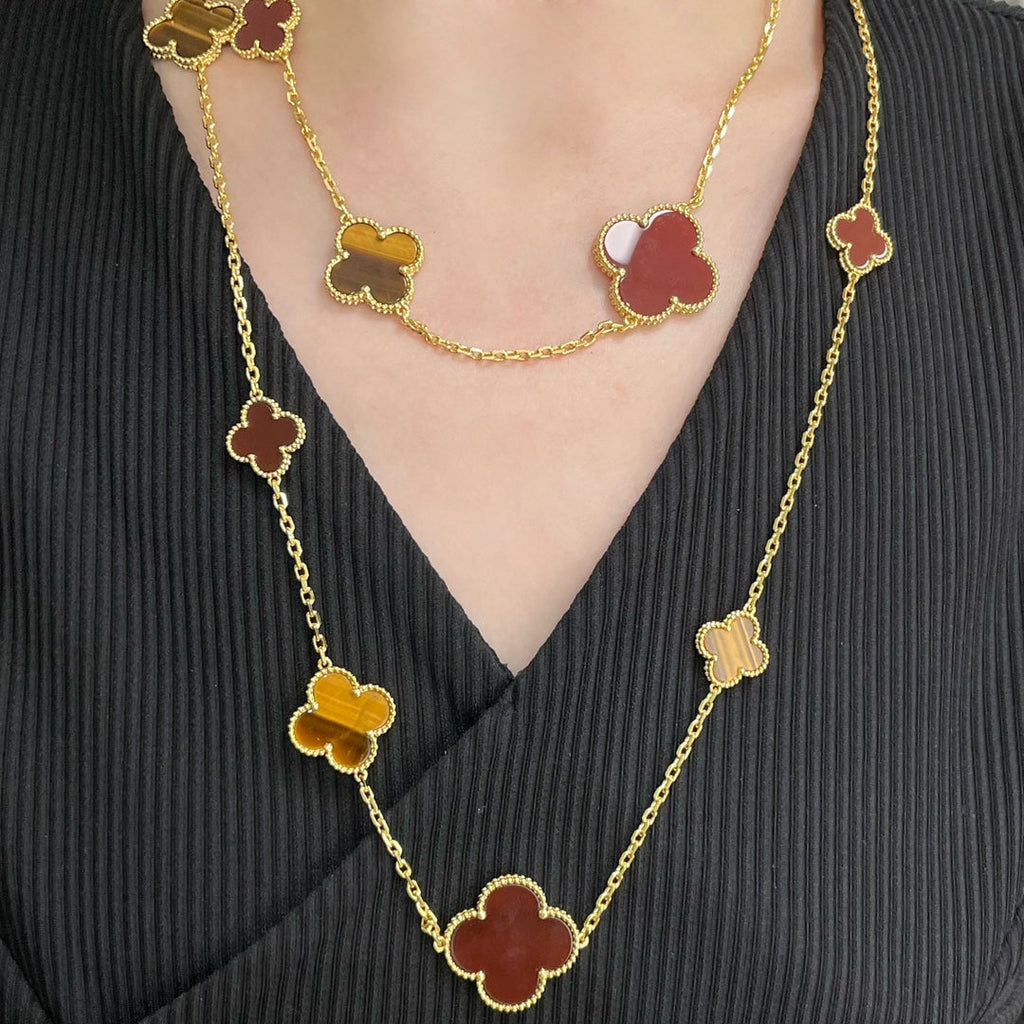 ??Loco?¡¥CLOVER 16 MOTIF CARNELIAN TIGER EYE ROSE GOLD NECKLACE