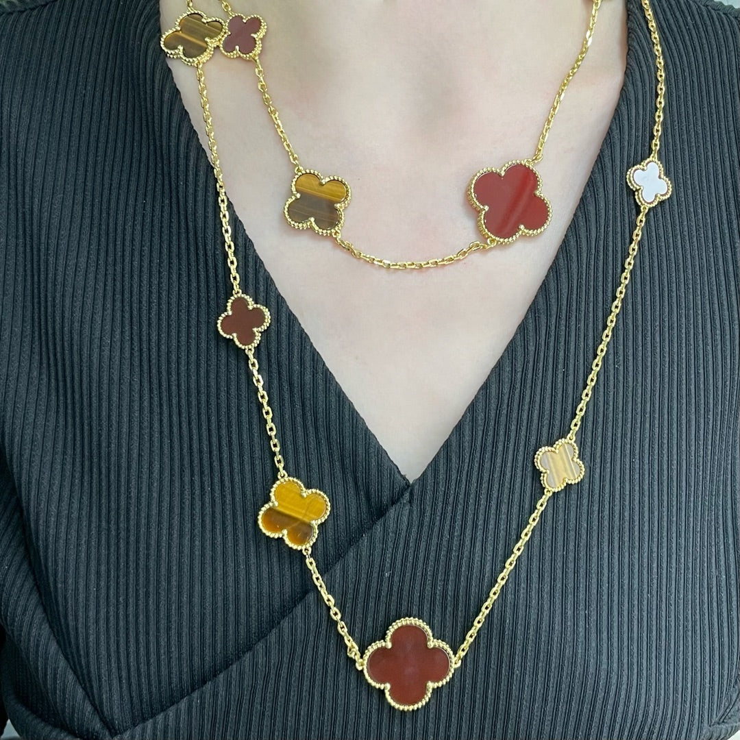 ??Loco?¡¥CLOVER 16 MOTIF CARNELIAN TIGER EYE ROSE GOLD NECKLACE