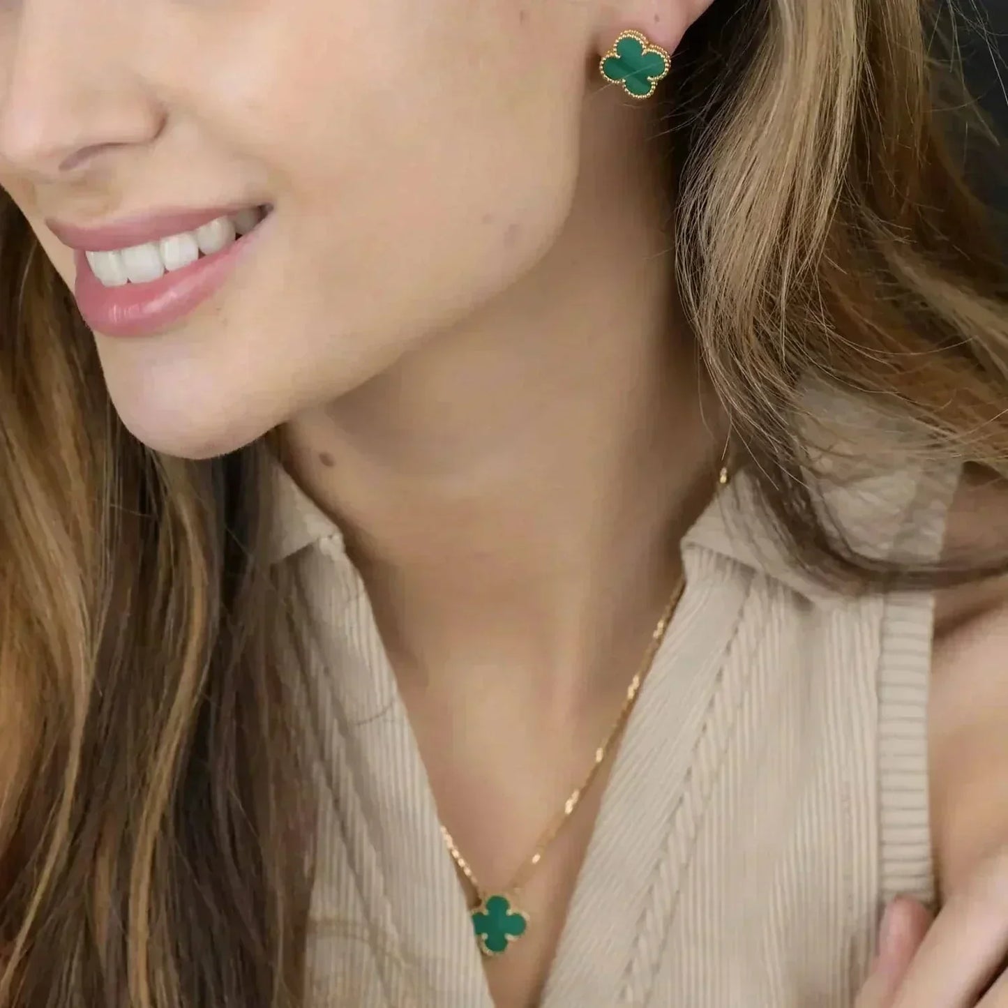 [moco jewelrys]CLOVER MINI 9.5MM MALACHITE  EARRINGS
