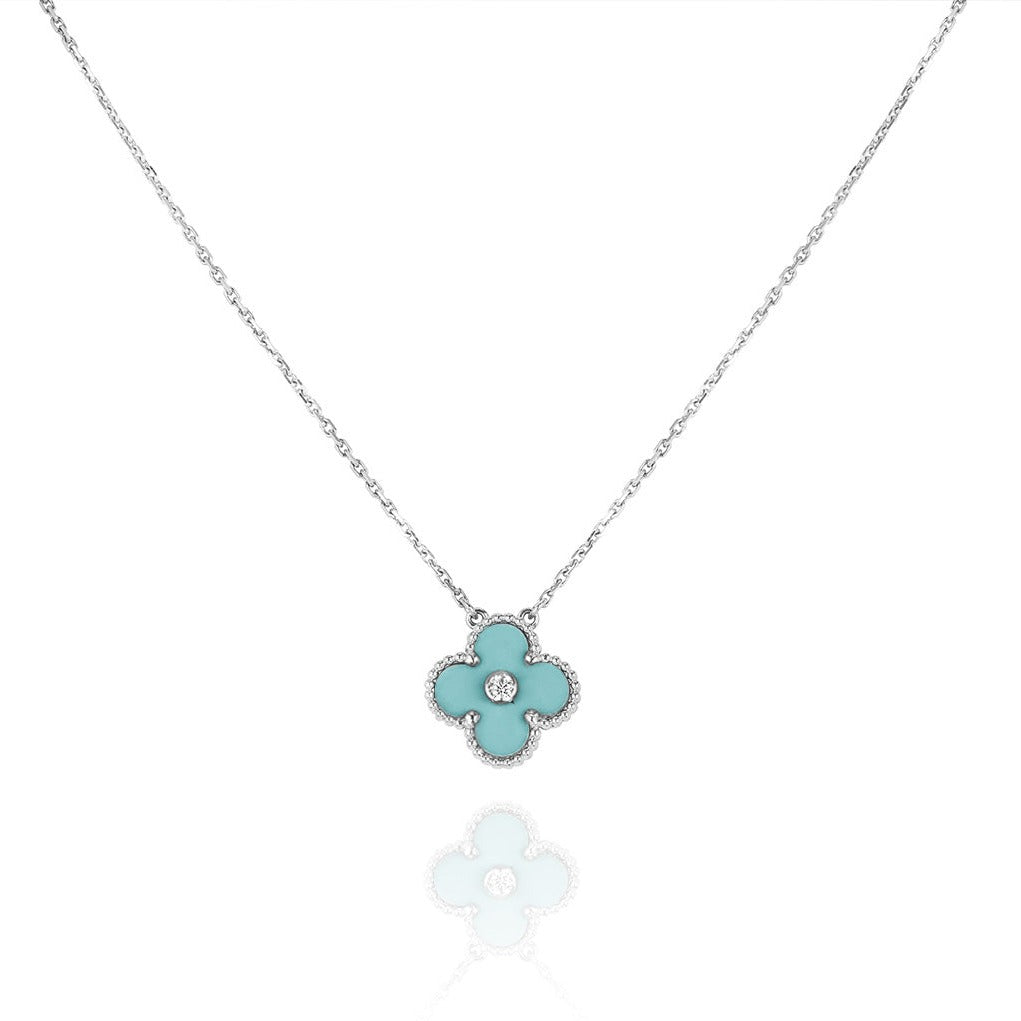 ??Loco?¡¥CLOVER 1 DIAMOND LIGHT BLUE SILVER NECKLACE