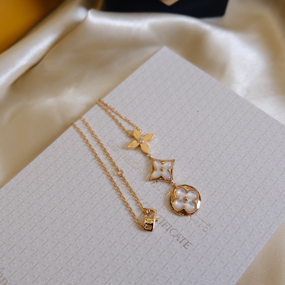 ??Loco?¡¥COLOR BLOSSOM LARIAT NECKLACE PINK GOLD WHITE MOTHER PEARL AND DIAMOND