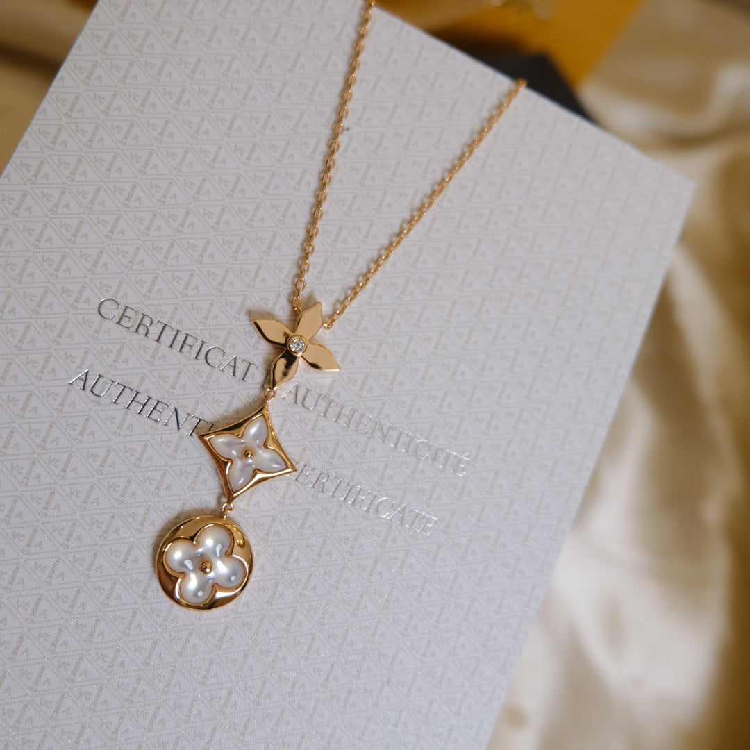 ??Loco?¡¥COLOR BLOSSOM LARIAT NECKLACE PINK GOLD WHITE MOTHER PEARL AND DIAMOND