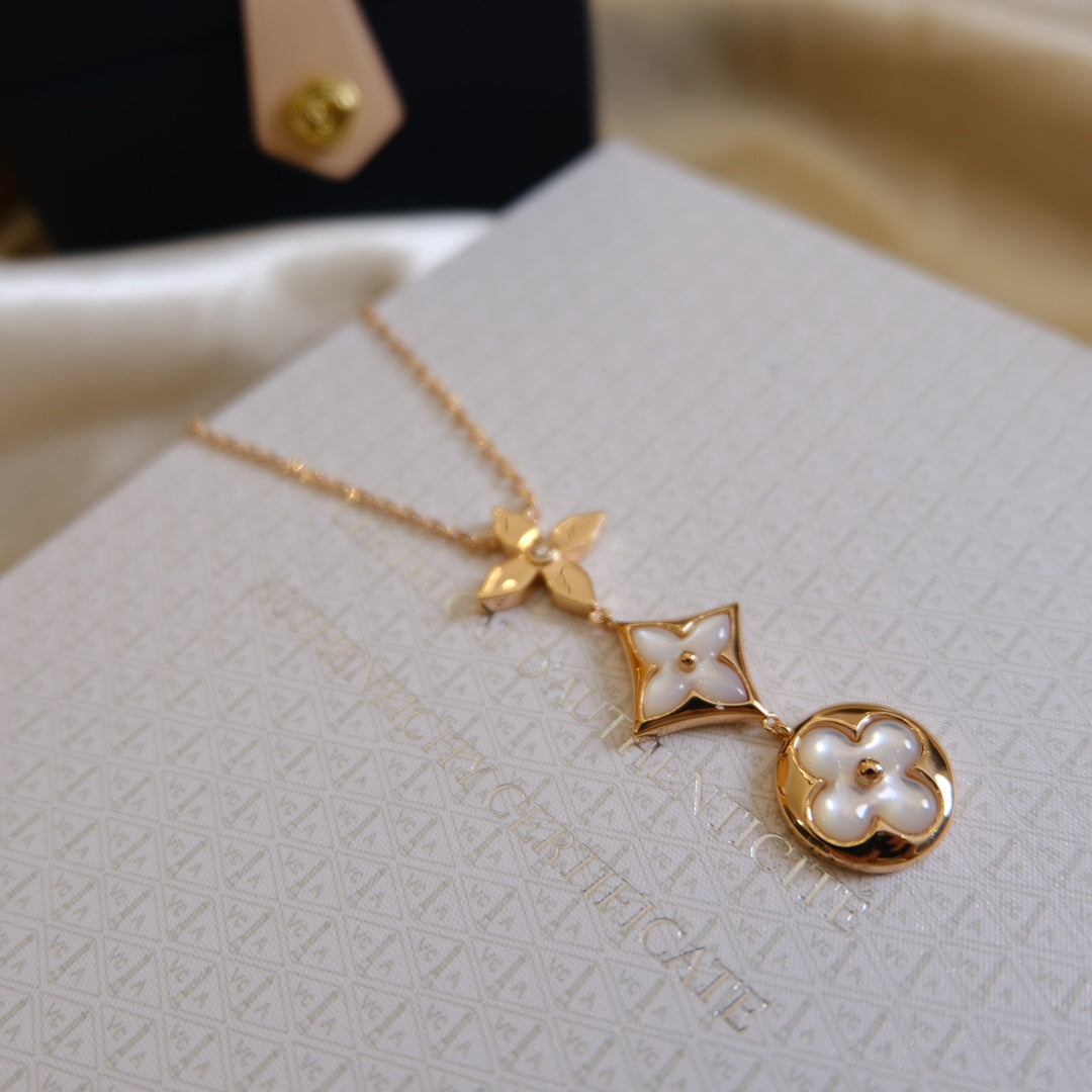??Loco?¡¥COLOR BLOSSOM LARIAT NECKLACE PINK GOLD WHITE MOTHER PEARL AND DIAMOND