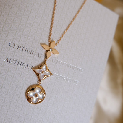 [moco jewelrys] COLOR BLOSSOM LARIAT-HALSKETTE, ROSA GOLD, WEISSES PERLMUTT UND DIAMANT