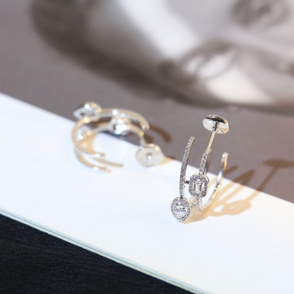 [moco jewelrys]CREOLES MY TWIN 2 RANGS SILVER DIAMOND EARRINGS