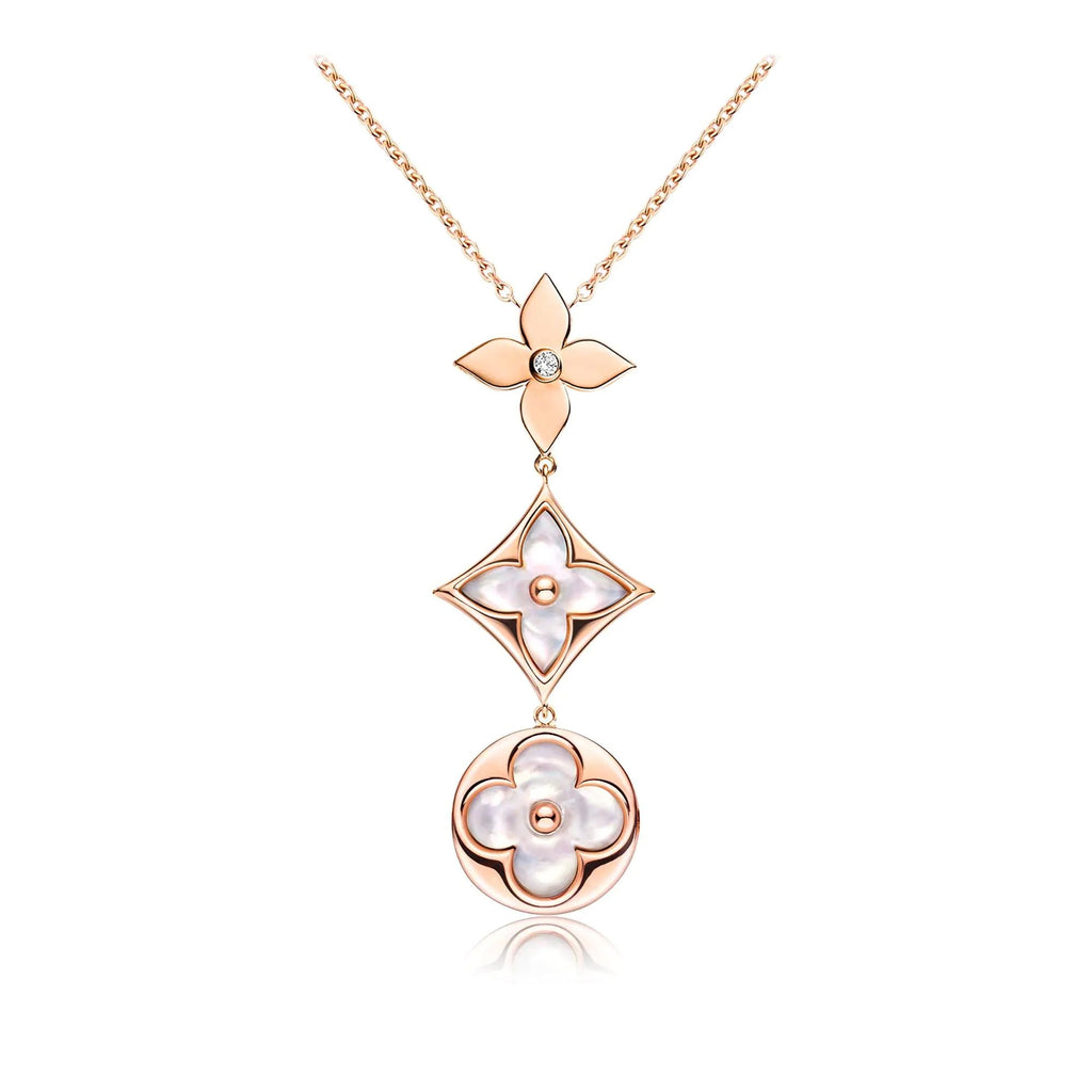 ??Loco?¡¥COLOR BLOSSOM LARIAT NECKLACE PINK GOLD WHITE MOTHER PEARL AND DIAMOND